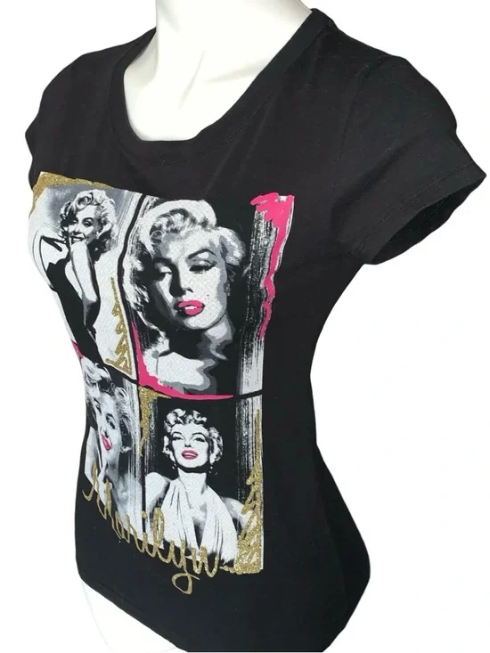Marilyn Monroe Fitted Glitter T-Shirt Black & White - Picture 9 of 9